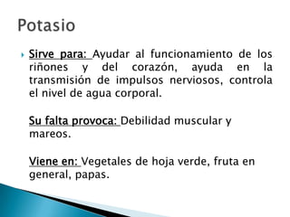    Sirve para: Ayudar al funcionamiento de los
    riñones y del corazón, ayuda en la
    transmisión de impulsos nerviosos, controla
    el nivel de agua corporal.

    Su falta provoca: Debilidad muscular y
    mareos.

    Viene en: Vegetales de hoja verde, fruta en
    general, papas.
 