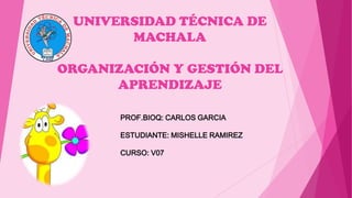 UNIVERSIDAD TÉCNICA DE
MACHALA
ORGANIZACIÓN Y GESTIÓN DEL
APRENDIZAJE
PROF.BIOQ: CARLOS GARCIA
ESTUDIANTE: MISHELLE RAMIREZ
CURSO: V07
 
