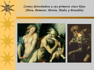 Cronos devorándose a sus primeros cinco hijos (Hera, Demeter, Hestia, Hades y Poseidón) 