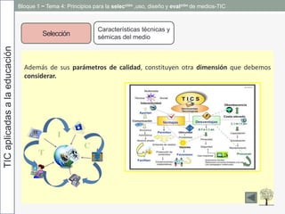 TICaplicadasalaeducación
Selección
Características técnicas y
sémicas del medio
Además de sus parámetros de calidad, constituyen otra dimensión que debemos
considerar.
Bloque 1 ~ Tema 4: Principios para la selección ,uso, diseño y evalción de medios-TIC
 