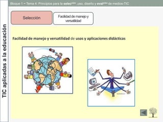 TICaplicadasalaeducación
Selección Facilidadde manejoy
versatilidad
Facilidad de manejo y versatilidad de usos y aplicaciones didácticas
Bloque 1 ~ Tema 4: Principios para la selección ,uso, diseño y evalción de medios-TIC
 