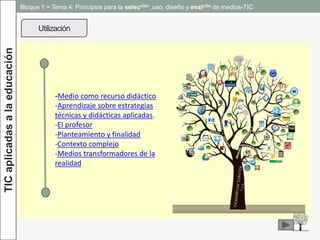 Bloque 1 ~ Tema 4: Principios para la selección ,uso, diseño y evalción de medios-TICTICaplicadasalaeducación
Utilización
-Medio como recurso didáctico
-Aprendizaje sobre estrategias
técnicas y didácticas aplicadas.
-El profesor
-Planteamiento y finalidad
-Contexto complejo
-Medios transformadores de la
realidad
 