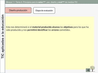 TICaplicadasalaeducación Bloque 1 ~ Tema 4: Principios para la selección ,uso, diseño y evalción de medios-TIC
Diseño-producción Etapade evaluación
Esta nos determinará si el material producido alcanza los objetivos para los que ha
sido producido y nos permitirá identificar los errores cometidos.
 