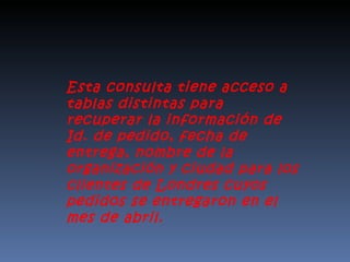 Esta consulta tiene acceso a tablas distintas para recuperar la información de Id. de pedido, fecha de entrega, nombre de la organización y ciudad para los clientes de Londres cuyos pedidos se entregaron en el mes de abril.  