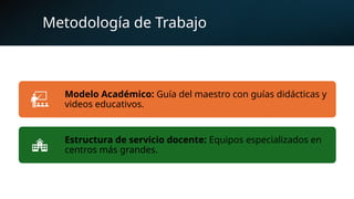 Metodología de Trabajo
Modelo Académico: Guía del maestro con guías didácticas y
videos educativos.
Estructura de servicio docente: Equipos especializados en
centros más grandes.
 