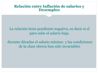 Relación entre Inflación de salarios y
                Desempleo




 La relación tiene pendiente negativa, es decir si el
              paro sube el salario baja.

durante décadas el salario mínimo y las condiciones
      de la clase obrera han sido invariables
 