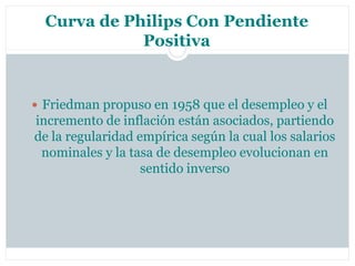 Curva de Philips Con Pendiente
             Positiva


 Friedman propuso en 1958 que el desempleo y el
incremento de inflación están asociados, partiendo
de la regularidad empírica según la cual los salarios
 nominales y la tasa de desempleo evolucionan en
                   sentido inverso
 