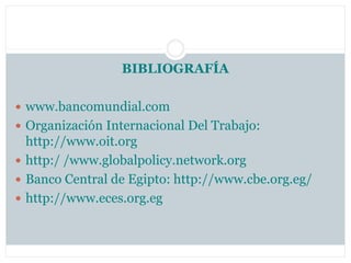 BIBLIOGRAFÍA

 www.bancomundial.com
 Organización Internacional Del Trabajo:
  http://www.oit.org
 http:/ /www.globalpolicy.network.org
 Banco Central de Egipto: http://www.cbe.org.eg/
 http://www.eces.org.eg
 