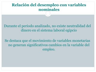 Relación del desempleo con variables
                 nominales



Durante el periodo analizado, no existe neutralidad del
          dinero en el sistema laboral egipcio

Se destaca que el movimiento de variables monetarias
  no generan significativos cambios en la variable del
                        empleo.
 