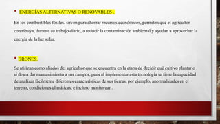 • ENERGÍAS ALTERNATIVAS O RENOVABLES .
En los combustibles fósiles. sirven para ahorrar recursos económicos, permiten que el agricultor
contribuya, durante su trabajo diario, a reducir la contaminación ambiental y ayudan a aprovechar la
energía de la luz solar.
• DRONES.
Se utilizan como aliados del agricultor que se encuentra en la etapa de decidir qué cultivo plantar o
si desea dar mantenimiento a sus campos, pues al implementar esta tecnología se tiene la capacidad
de analizar fácilmente diferentes características de sus tierras, por ejemplo, anormalidades en el
terreno, condiciones climáticas, e incluso monitorear .
 