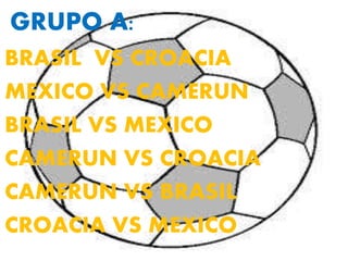 GRUPO A: 
BRASIL VS CROACIA 
MEXICO VS CAMERUN 
BRASIL VS MEXICO 
CAMERUN VS CROACIA 
CAMERUN VS BRASIL 
CROACIA VS MEXICO 
 