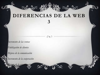 DIFERENCIAS DE LA WEB
               3


Incremento de las ventas

Fidelización de clientes

Mejora de la comunicación

Incremento de la cooperación

Mejora de la organización
 