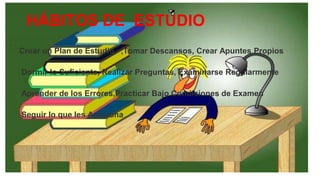 HÁBITOS DE ESTUDIO
Crear un Plan de Estudio ,Tomar Descansos, Crear Apuntes Propios
Dormir lo Suficiente, Realizar Preguntas, Examinarse Regularmente
Aprender de los Errores,Practicar Bajo Condiciones de Examen
Seguir lo que les Apasiona
 