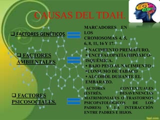 CAUSAS DEL TDAH.
 FACTORES GENÉTICOS.
MARCADORES EN
LOS
CROMOSOMAS 4, 5,
6, 8, 11, 16 Y 17.
 FACTORES
AMBIENTALES.
 NACIMIENTO PREMATURO,
 ENCEFALOPATÍA HIPÓXICO-
ISQUÉMICA.
 BAJO PESO AL NACIMIENTO .
CONSUMO DE TABACO
 ALCOHOL DURANTE EL
EMBARAZO.
 FACTORES
PSICOSOCIALES.
ACTORES CONTEXTUALES
(ESTRÉS, DESAVENENCIAS
MATRIMONIALES O TRASTORNOS
PSICOPATOLÓGICOS DE LOS
PADRES) Y LA INTERACCIÓN
ENTRE PADRES E HIJOS.
 