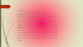 1. Fechada
2. Firmada por el representante legal de la empresa
COMUNICACIÓN: debe ser difundida a todos los niveles de la
organización y debe ser accesible a todos los trabajadores y
demás partes interesadas en el lugar de trabajo.
Debe ser comunicada al comité paritario o vigía de seguridad y
salud en el trabajo, revisión como mínimo una vez al año
MATRIZ DE REQUISITOS LEGALES EN RIESGOS
LABORALES: En nuestro caso una matriz de riesgos es una
herramienta de gran valor dado, que ayuda no solo a tener un
control sobre las normas que aplica respecto a la labor que se
realiza nuestros trabajadores. Si no también en qué están
fallando, cuales leyes está aplicando y cuales no están haciendo
cumplir.
 