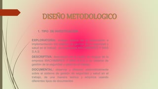 1. TIPO DE INVESTIGACIÓN
EXPLORATORIA: indagar acerca de la elaboración e
implementación del sistema de gestión de la seguridad y
salud en él trabajó de la empresa MACHIMBRES Y MAS
S.A.S
DESCRIPTIVA: descripción de la matriz de riesgos de la
empresa MACHIMBRES Y MAS S.A.S y su sistema de
gestión de la seguridad y salud en el trabajo.
DOCUMENTAL: observar y elaborar sistemáticamente
sobre el sistema de gestión de seguridad y salud en el
trabajo, de una manera teórica y empírica usando
diferentes tipos de documentos
 