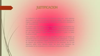 La realización de este proyecto es importante dado que toda empresa
debe tener a su cargo una matriz de requisitos legales, unos objetivos de
higiene y seguridad, las políticas de SG-SST para Conocer e identificar a
que está expuesta
En nuestro caso una matriz de requisitos legales es una herramienta muy
importante dado, que ayuda no solo a tener un control sobre las normas
que aplica respecto a la labor que realizan los trabajadores. Si no también
en qué están fallando, cuales leyes está aplicando y cuales no están
haciendo cumplir.
Para nosotros como estudiantes de seguridad y salud en el trabajo es
importante tener un adecuado conocimiento sobre elaboración y manejo
de una matriz de requisitos legales, las políticas de SG-SST y los objetivos
de higiene que podemos o no encontrar en una empresa, por lo cual
debemos saber cómo elaborar estos, las leyes que respaldan las
actividades de los empleados de accidentes e incidentes de trabajo.
 