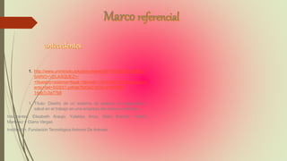 1. http://www.uniminuto.edu/documents/991974/2604818/BELI
SARIO+VELASQUEZ+-
+Nuestro+sistema+legal,+decreto+1443+de+2014+y+nacimi
ento+del+SGSST.pdf/ab76d3a2-0035-4189-85f2-
14ab7c3a77b8
1. Título: Diseño de un sistema de gestión de seguridad y
salud en el trabajo en una empresa del sector productivo
Integrantes: Elisabeth Araujo, Yuleidys Ariza, Naira Barreto, Yoldys
Martínez y Diana Vargas
Institución: Fundación Tecnológica Antonio De Arévalo
 