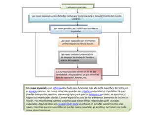 Las naves espaciales.Las naves espaciales son artefactos hechos por la ciencia para el descubrimiento del mundo exterior.Las naves pueden  ser  robóticas o sondas no tripuladas.Las naves espaciales son elementos primarios para la ciencia ficción.Las naves también tuvieron el fin de despejar las dudas del hombre acerca del espacio. Las naves espaciales tienen un fin de dar comodidad a los pasajeros, ya que sirven de base de operación, hoteles, etc. Una nave espacial es un vehículo diseñado para funcionar más allá de la superficie terrestre, en el espacio exterior. Las naves espaciales pueden ser robóticas o sondas no tripuladas. La que pueden transportar personas poseen equipos para que los astronautas coman, se ejerciten, y hagan sus necesidades diarias. La nave espacial es uno de los elementos primarios de la ciencia-ficción. Hay muchísimos cuentos y novelas que tratan temas relacionados con las naves espaciales. Algunos libros de ciencia ficción dura se enfocan en detalles concernientes a las naves, mientras que otras consideran que las naves espaciales ya existen y no tratan casi nada sobre cómo funcionan.