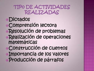 Dictados
Comprensión  lectora
Resolución de problemas
Realización de operaciones
 matemáticas
Construcción de cuentos
Importancia de los valores
Producción de párrafos
 