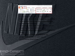 1. Una ficha de la cinta, en este caso la
ficha Inicio. Cada ficha se relaciona con un tipo
de actividad, como insertar medios o aplicar
animaciones a objetos.
2. Un grupo en la ficha Inicio, en este caso el
grupo Fuente. Los comandos están
organizados en grupos lógicos y recopilados en
fichas.
3. Un botón o comando individual del
grupo Diapositivas, en este caso el
botón Nueva diapositiva.
 