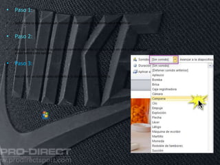 • Paso 1:
• Selecciona la diapositiva que incluye la transición cuyo sonido vas a modificar.
• Paso 2:
• Haz clic en la flecha hacia abajo del comando Sonido. Lo escucharás en vivo a medida que
pasas sobre cada opción.
• Paso 3:
• Haz clic en un sonido para aplicarlo a la diapositiva seleccionada.
11/06/2016
 