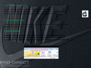 11/06/2016
3. Opciones de presentación:
Repetir el ciclo hasta presionar la tecla Esc significa hacer un bucle continuo.
Mostrar sin narración y sin animación es desactivar las mismas durante la presentación.
Cambiar el valor predeterminado de pluma y colores del puntero láser.
4. Avance de diapositivas
Si has determinado duraciones para que la presentación se reproduzca automáticamente,
aquí podrás activar o desactivar esa opción.
5. Varios monitores
Los expositores suelen utilizar un ordenador portátil y un proyector para mostrar la
presentación. Si deseas verla en el ordenador, elige la opción Monitor principal y si
quieres verla en el proyector, entonces selecciona la opción Mostrar vista del moderador.
 