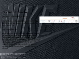 11/06/2016
Pestaña de formato
pestaña de herramientas de dibujo
Esta pestaña se activa cuando seleccionamos algún
objeto, ya sea una imagen, autoforma, cuadro de
texto, video, etc.
Está conformada por:
Insertar formas: Aquí podremos seleccionar y editar
las diferentes formas que están predefinidas en
PowerPoint, como flechas, líneas, estrellas, etc.
Estilos de forma: PowerPoint tiene algunos estilos ya
diseñados, aquí los podremos insertar y modificar
sus atributos si nuestra presentación lo requiere,
como el tipo de línea, relleno y agregar algunos
efectos
 