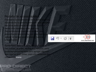 11/06/2016
Pestaña de acceso rápido
Esta barra la encontramos en la parte superior
izquierda de la pantalla principal, esta pestaña
nos sirve para colocar en ella los iconos o
tareas más repetidas o las que más
frecuentemente usamos al realizar una
presentación electrónica, con esto logramos
reducir el tiempo para elaborar nuestra
presentación.
PowerPoint tiene por default o por defecto
tres iconos, guardar, deshacer y rehacer, pero
podemos personalizarla para agregar algunos
mas que no sean útiles, para ello debemos dar
clic en este icono
 