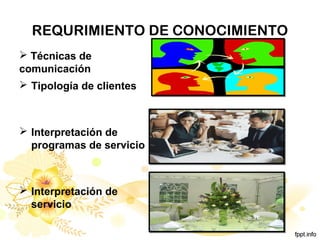 REQURIMIENTO DE CONOCIMIENTO
 Técnicas de
comunicación
 Tipología de clientes
 Interpretación de
programas de servicio
 Interpretación de
servicio
 