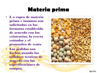 Materia prima
• L a copra de materia
prima e insumos son
solicitados en los
formatos establecido
de acuerdo con las
existencias, la receta
estándar y el
pronostico de venta
• Los pedidos son
hechos usando los
nombres técnicos de
acuerdo con las
especificaciones de
compra.
 