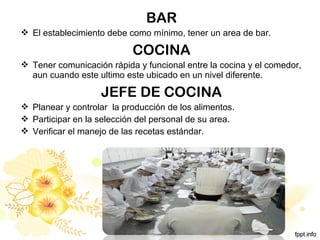 BAR
 El establecimiento debe como mínimo, tener un area de bar.
COCINA
 Tener comunicación rápida y funcional entre la cocina y el comedor,
aun cuando este ultimo este ubicado en un nivel diferente.
JEFE DE COCINA
 Planear y controlar la producción de los alimentos.
 Participar en la selección del personal de su area.
 Verificar el manejo de las recetas estándar.
 