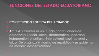  CONSTITUCION POLITICA DEL ECUADOR 
 
 Art. 1.-El Ecuador es un Estado constitucional de 
derechos y justicia, social, democrático, soberano, 
independiente, unitario, intercultural, plurinacional y 
laico. Se organiza en forma de república y se gobierna 
de manera descentralizada. 
 
 