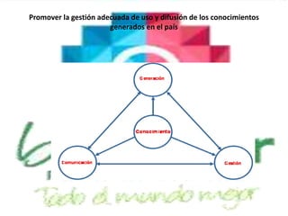 Promover la gestión adecuada de uso y difusión de los conocimientos
generados en el país
 