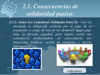 2.1. Consecuencias de
solidaridad pasiva:
2.1.2.- Entre Los Codeudores Solidarios Entre Si.- Una vez
ejecutada la obligación solidaria por el pago de la
prestación, a cargo de uno de los deudores, quien pago
tiene su derecho expedito, para repetir contra sus
codeudores, produciéndose en consecuencia dos
situaciones jurídicas: acción de reembolso y Acción
Subrogatoria
codeudores
 