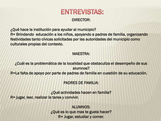 DIRECTOR:

¿Qué hace la institución para ayudar al municipio?
R= Brindando educación a los niños, apoyando a padres de familia, organizando
festividades tanto cívicas solicitadas por las autoridades del municipio como
culturales propias del contexto.

                                     MAESTRA:

  ¿Cuál es la problemática de la localidad que obstaculiza el desempeño de sus
                                    alumnos?
R=La falta de apoyo por parte de padres de familia en cuestión de su educación.

                                PADRES DE FAMILIA:

                           ¿Qué actividades hacen en familia?
R= jugar, leer, realizar la tarea y convivir.

                                    ALUMNOS:
                        ¿Qué es lo que mas te gusta hacer?
                           R= Jugar, estudiar y comer.
 