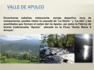 VALLE DE APULCO

Encontraras cabañas, restaurante, campo deportivo, zona de
campamento, puedes visitar la cascada de “La Gloria “ y “La olla” y los
acantilados que forman el cañón del río Apulco, así como la Fábrica de
licores tradicionales “Apulco” ubicado en la Finca “Santa Maria 3
Arroyos”.
 