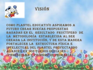 visión


como pLanteL educativo aspiramos a
futuro crear nuevas propuestas
basadas en eL resuLtado fructífero de
La metodoLogía estabLecida aL ser
creada La institución, y de esta manera
fortaLecer La estructura física e
inteLectuaL deL pLanteL proyectando
avances en Los cursos iníciaLes
(preescoLar y primero de primaria).



                 http://rosarioysuscreaciones.blogspot.com/p/paisajes-infantiles.html
 