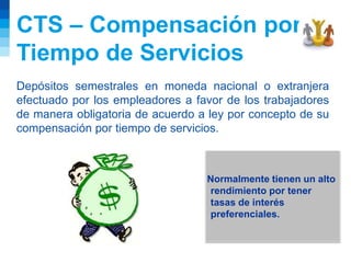 CTS – Compensación por
Tiempo de Servicios
Depósitos semestrales en moneda nacional o extranjera
efectuado por los empleadores a favor de los trabajadores
de manera obligatoria de acuerdo a ley por concepto de su
compensación por tiempo de servicios.
Normalmente tienen un alto
rendimiento por tener
tasas de interés
preferenciales.
 