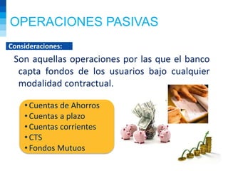 OPERACIONES PASIVAS
Consideraciones:
Son aquellas operaciones por las que el banco
capta fondos de los usuarios bajo cualquier
modalidad contractual.
• Cuentas de Ahorros
• Cuentas a plazo
• Cuentas corrientes
• CTS
• Fondos Mutuos
 