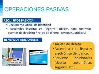 OPERACIONES PASIVAS
REQUISITOS BÁSICOS:
• Documento Oficial de Identidad
• Facultades inscritas en Registro Públicos para contratar
cuentas de depósito / retiro de dinero (personas Jurídicas).
• Tarjeta de débito
• Acceso a red física y
electrónica del banco.
• Servicios adicionales
(débito automático,
seguros, etc.)
BENEFICOS ADICIONALES
 