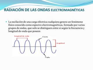 RADIACIÓN DE LAS ONDAS ELECTROMAGNÉTICAS

 La oscilación de una carga eléctrica cualquiera genera un fenómeno
  físico conocido como espectro electromagnéticas, formado por varios
  grupos de ondas, que solo se distinguen entre si según la frecuencia y
  longitud de onda que poseen
 