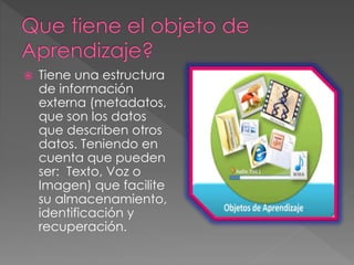  Tiene una estructura
de información
externa (metadatos,
que son los datos
que describen otros
datos. Teniendo en
cuenta que pueden
ser: Texto, Voz o
Imagen) que facilite
su almacenamiento,
identificación y
recuperación.
 