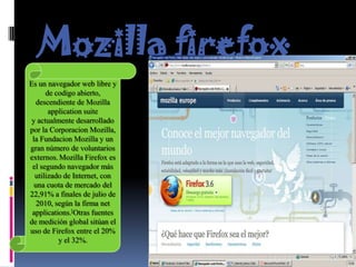 Mozilla firefox Es un navegador web libre y de codigo abierto, descendiente de Mozillaapplication suite y actualmente desarrollado por la CorporacionMozilla, la FundacionMozilla y un gran número de voluntarios externos.MozillaFirefox es el segundo navegador más utilizado de Internet, con una cuota de mercado del 22,91% a finales de julio de 2010, según la firma net applications.[Otras fuentes de medición global sitúan el uso de Firefox entre el 20% y el 32%. 