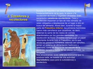 2. Cazadores y recolectores Durante el Paleolítico los seres humanos vivían fundamentalmente de la caza, la pesca y la recolección de frutos y vegetales silvestres. Eran sociedades  cazadoras-recolectoras . Caza y recolección imponían un tipo de vida nómada: se veían obligados a desplazarse de un lugar a otro en busca del alimento. Ahora bien, durante la mayor parte del  Paleolítico Inferior , los primeros homínidos fueron más carroñeros que cazadores, es decir, obtenían la carne de los restos de comida abandonados por los grandes carnívoros. La recolección de frutos silvestres siempre jugó un papel importante durante todo el Paleolítico, por lo que desde los primeros momentos, además del carroñeo, tenían un sistema de alimentación herbívoro y granívoro, como se desprende del estudio de la dentición: tamaño y forma de las piezas dentales, su desgaste,… Nos encontramos, pues, ante una economía que no produce nada, se trataba de una actividad  depredadora  (caza para la subsistencia) o recolectora. 