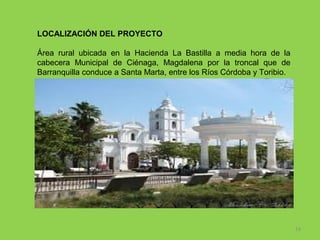 LOCALIZACIÓN DEL PROYECTO
Área rural ubicada en la Hacienda La Bastilla a media hora de la
cabecera Municipal de Ciénaga, Magdalena por la troncal que de
Barranquilla conduce a Santa Marta, entre los Ríos Córdoba y Toribio.

14

 