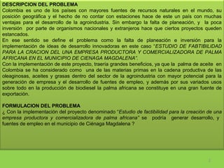 DESCRIPCION DEL PROBLEMA
Colombia  es  uno  de  los  países  con  mayores  fuentes  de  recursos  naturales  en  el  mundo,  su 
posición  geográfica  y  el  hecho  de  no  contar  con  estaciones  hace  de  este  un  país  con  muchas 
ventajas  para  el  desarrollo  de  la  agroindustria.  Sin  embargo  la  falta  de  planeación,  y    la  poca 
inversión    por  parte  de  organismos  nacionales  y  extranjeros  hace  que  ciertos  proyectos  queden 
estancados.
En  ese  sentido  se  define  el  problema  como  la  falta  de  planeación  e  inversión  para  la 
implementación  de  ideas  de  desarrollo  innovadoras  en  este  caso  “ESTUDIO DE FABTIBILIDAD
PARA LA CRACION DEL UNA EMPRESA PRODUCTORA Y COMERCIALIZADORA DE PALMA
AFRICANA EN EL MUNICIPIO DE CIENAGA MAGDALENA”.
Con la implementación de este proyecto, traería grandes beneficios, ya que la  palma de aceite  en 
Colombia  se  ha  considerado  como    una  de  las  materias  primas  en  la  cadena  productiva  de  las 
oleaginosas,  aceites  y  grasas  dentro  del  sector  de  la  agroindustria  con  mayor  potencial  para  la 
generación  de  empresa  y  el  desarrollo  de  fuentes  de  empleo,  y  además  por  sus  variados  usos 
sobre  todo  en  la  producción  de  biodiesel  la  palma  africana  se  constituye  en  una  gran  fuente  de 
exportación.
FORMULACION DEL PROBLEMA
¿ Con la implementación del proyecto denominado “Estudio de factibilidad para la creación de una
empresa productora y comercializadora de palma africana”  se    podría    generar  desarrollo,  y   
fuentes de empleo en el municipio de Ciénaga Magdalena ?

 
 
2

 