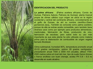 
 
IDENTIFICACION DEL PRODUCTO
 
La palma africana:    (Palma  aceitera  africana,  Coroto  de 
Guinea,  Palmera  Aabora, Palmera  de  Guinea)   planta  tropical 
propia  de  climas  cálidos  cuyo  origen  se  ubica  en  la  región 
occidental y central del continente africano, concretamente en 
el  golfo  de  Guinea,  de  ahí  su  nombre  científico Elaeis
guineensis Jacq.,  También  es  conocida  como  palma  aceitera, 
porque de ella se extrae aceite comestible, pero también tiene 
diversos  usos  como  por  ejemplo  para  productos  alimenticios, 
medicinales,  fabricación  de  fibras,  producción  de  vino, 
fabricación  de  escobas;  pero  sobre  todo  su  uso  más 
importante  es  que  esta  planta  ha  sido  utilizada  como  materia 
prima  para  la  elaboración  de  combustible  de  origen  vegetal 
llamado Biodiesel.
Clima subtropical, humedad 80%, temperatura promedio anual 
22-33  grados  centígrados,  optimo  28  grados  centígrados, 
precipitación  anual  1500  a  3000  mm  anuales,  altitud  1700- 
2500 metros sobre el nivel del mar, tipo de suelo franco limoso 
o  franco  arcilloso  con  buen  drenaje,  acidez  PH  5.8  –  6.5  no 
desarrolla en suelo alcalino.
8

 