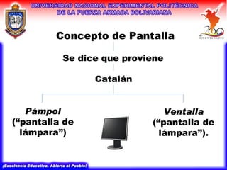 Concepto de Pantalla Se dice que proviene  Catalán Pámpol  (“pantalla de lámpara”) Ventalla  (“pantalla de lámpara”). 