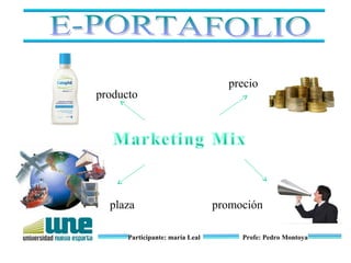 producto

plaza
Participante: maría Leal

precio

promoción
Profe: Pedro Montoya

 